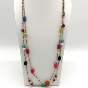 Chicos Multicolor Beaded Necklace Double Strand Faux Stone Boho 23" Long